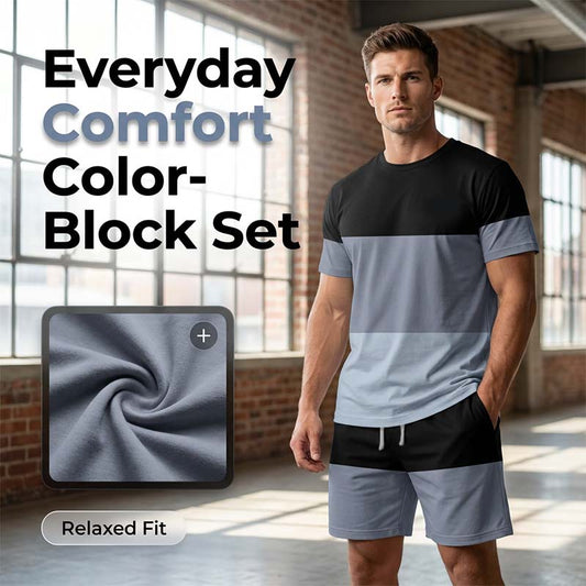 🏃 Move Freely. Stay Fresh🔥Men's Color-Block T-Shirt & Shorts 2-Piece Set