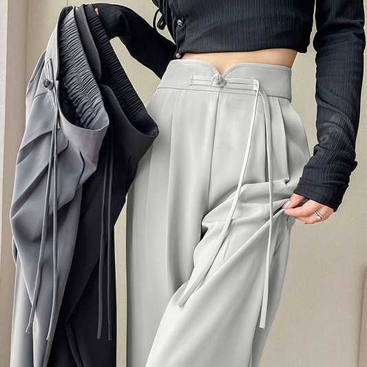 High-Waist Wide-Leg Pants with Frog Button Detail