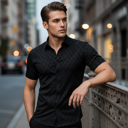 👔 40% OFF NOW!🖤 Men's Textured Black Shirt – Diamond Jacquard & Athletic Fit – Stylish Essential 🔥