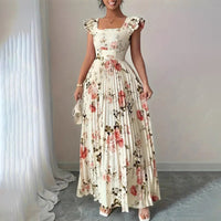 👗 40% OFF! ✨ Floral Pleated Maxi Dress – Square Neck, Ruffle Sleeves, High-Waist 🌸