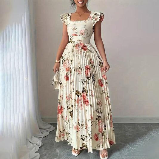 👗 40% OFF! ✨ Floral Pleated Maxi Dress – Square Neck, Ruffle Sleeves, High-Waist 🌸
