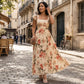 👗 40% OFF! ✨ Floral Pleated Maxi Dress – Square Neck, Ruffle Sleeves, High-Waist 🌸