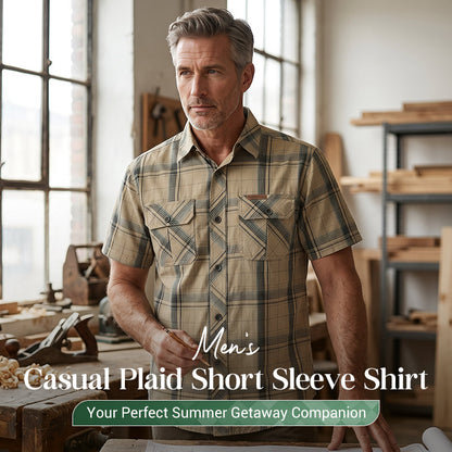 👔 40% OFF! 🍂 Men's Casual Plaid Short Sleeve Shirt – Classic Pattern, Relaxed Fit, Breathable Comfort ✨