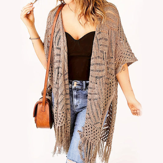 🌊 50% OFF!✨ Women's Open-Front Knit Cover-Up with Tassel Fringe – Bohemian & Lightweight – Beach Essential 🌴