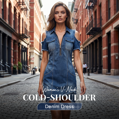 👖 40% OFF! ✨ Women's Cold-Shoulder Denim Dress – V-Neck, Flowy, Boho 🌼