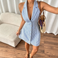 👗 40% OFF !🌊 Women's Halter Striped Short Dress – Backless, A-Line & Blazer Collar – Summer Chic Essential ☀️