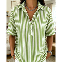 👚 50% OFF NOW!🌿 Women's Casual Striped Short-Sleeve Shirt – Relaxed Fit & V-Neck – Summer Essential 🛍️