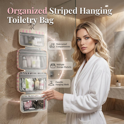 🧳  Striped Hanging Travel Toiletry Bag – 4 Compartments, Water-Resistant, Foldable 🚿