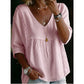 🌼 Women’s Casual V-Neck Lace Trim Top – Romantic Lace, Flowy Fit & 3/4 Sleeve Elegance 💕