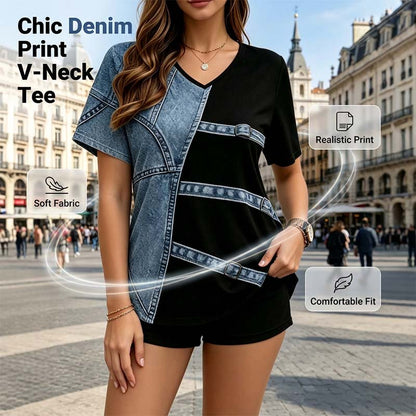 👕  Denim Print V-Neck Tee – Soft, Chic, Effortless Style 🌀