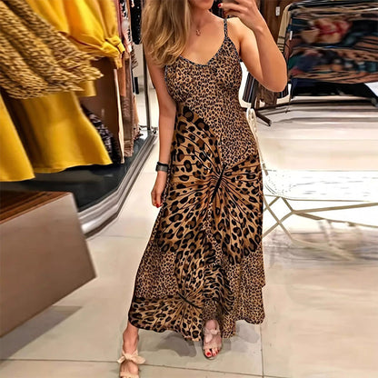👗 40% OFF! ✨ Leopard Print Maxi Dress – V-Neck, Pockets, Flowy Summer Chic 🌿