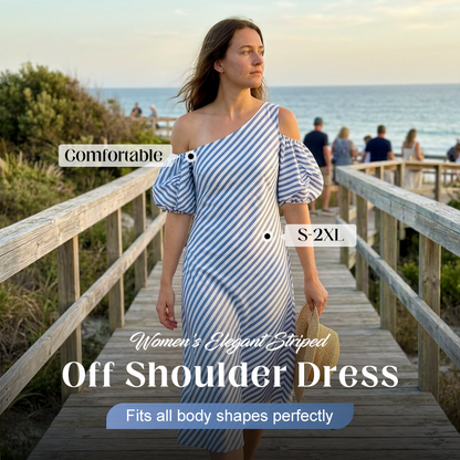 👗🤍Women's Elegant Striped Off Shoulder Dress
