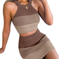 🌊 Chic Gradient Knit Skirt Set – Halter Crop Top, Bodycon Fit, Ribbed Knit ✨