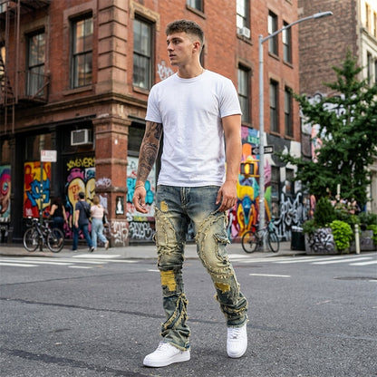 👖  Classic stretch jeans with flared legs for men – vintage wash & patchwork details – high-quality denim, perfect for smart-casual style – comfortable and stylish 🔥