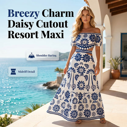 🌺Women’s Off-the-Shoulder Waist Cutout Daisy Printed Resort Dress
