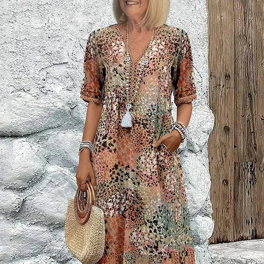 👗Women's Vivid Printed V-Neck Midi Dress