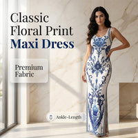 👗 40% OFF! ✨ Women's Classic Floral Print Maxi Dress – Bodycon, Side Slit, Porcelain Pattern 💙