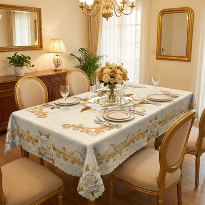 🌹Waterproof Gold Rose Tablecloth – Embossed Effect, Stain-Resistant, Elegant ✨