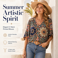 🌿👚Women's V-Neck Bohemian Print Blouse Summer Loose Fit Shirt
