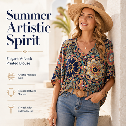 🌿👚Women's V-Neck Bohemian Print Blouse Summer Loose Fit Shirt