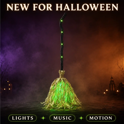 🧹  🎃 Animated Witch Broom Halloween Decoration – Walking Feet Movement, Spooky Sound & Glowing Green LED Lights – Perfect for Yard & Party 👻