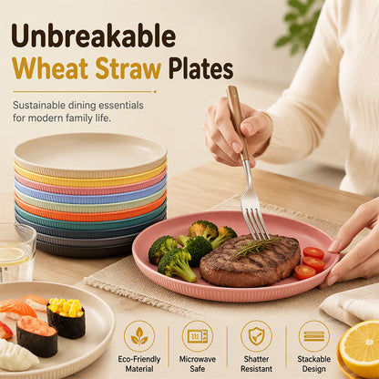 🍽️ Unbreakable Wheat Straw Dinner Plates – Reusable Shatter‑Resistant Eco‑Friendly Dining Plates, Stackable Microwave Safe Plates for Kitchen Camping Picnic