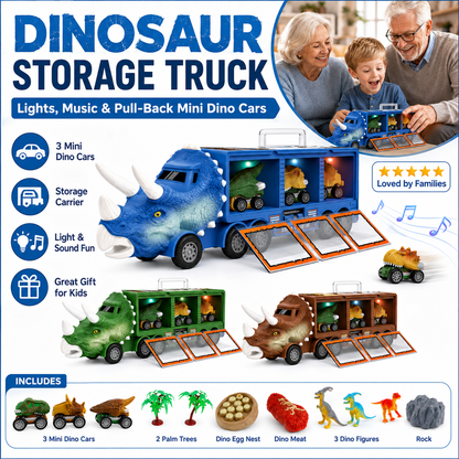 🦖50% OFF NOW! Interactive Dinosaur Transporter Toy Truck, Dinosaur Storage Carrier Truck with Lights & Music, Pull‑Back Mini Dino Cars & Dino Figures, Kids Dinosaur Play Set for Boys & Girls Gift