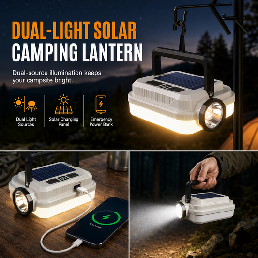 🔋Dual‑Light Solar Camping Lantern‑Multi‑Function Portable Solar Work Light with Power Bank, Hanging Emergency Lamp for Camping Hiking Power‑Outage💡