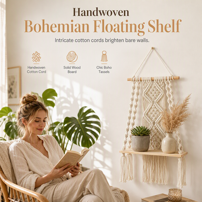 Bohemian Hand Woven Macrame Wall Hanging Floating Shelf for Books and Plants Living Room Decor