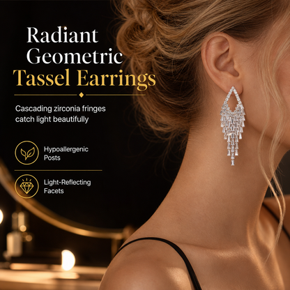 💎 Rhombus Cubic Zirconia Tassel Drop Earrings – Hypoallergenic S925 Sterling Silver Posts, Brilliant Crystal Fringes & Elegant Statement Design – Luxurious Shimmer for Every Occasion 🎀