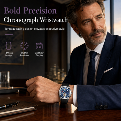 Men's Tonneau Quartz Chronograph Watch – Skeleton Flywheel Dial, Moon Phase Calendar & Silicone Strap, Stylish Men's Wristwatch⌚️