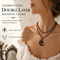 Gothic Dark Crystal Beaded Chain Necklace with Hollow Out Moon Alloy Pendant