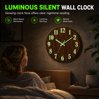 12-Inch Silent Wooden Wall Clock – Luminous Glow & MDF Wood Grain✨