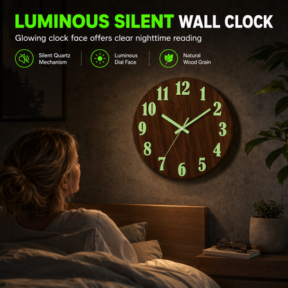 12-Inch Silent Wooden Wall Clock – Luminous Glow & MDF Wood Grain✨