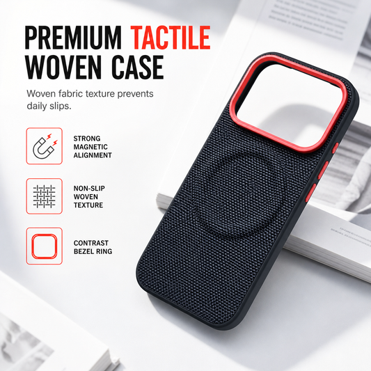 Magnetic Woven Texture Phone Case with Gold Trim – Anti-Slip, Shockproof, Wireless Charging ✨