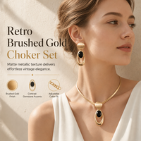 Vintage Brushed Gold and Black Gemstone and Earring Set Elegant Choker Jewelry Set for Banquets and Parties