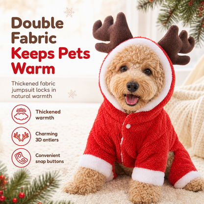Warm Thickened Flannel Pet Jumpsuit Four Legged Christmas Reindeer Dog Clothes with Button Closure for Small Dogs and Cats